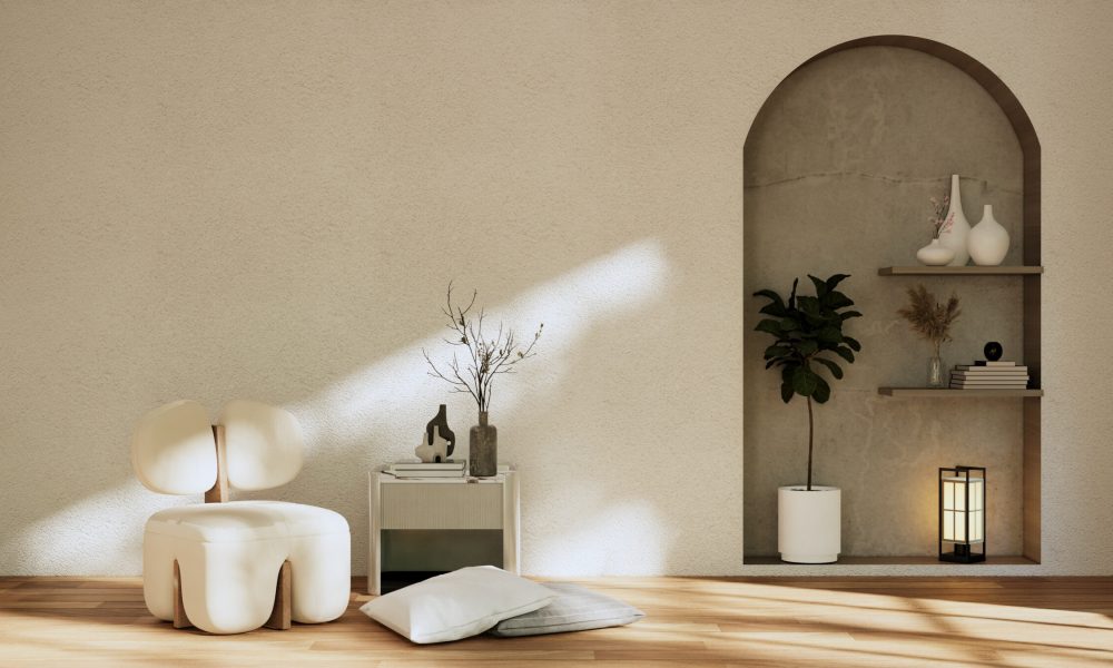 Armchair onEmpty room wabi sabi style. 3D illustration rendering