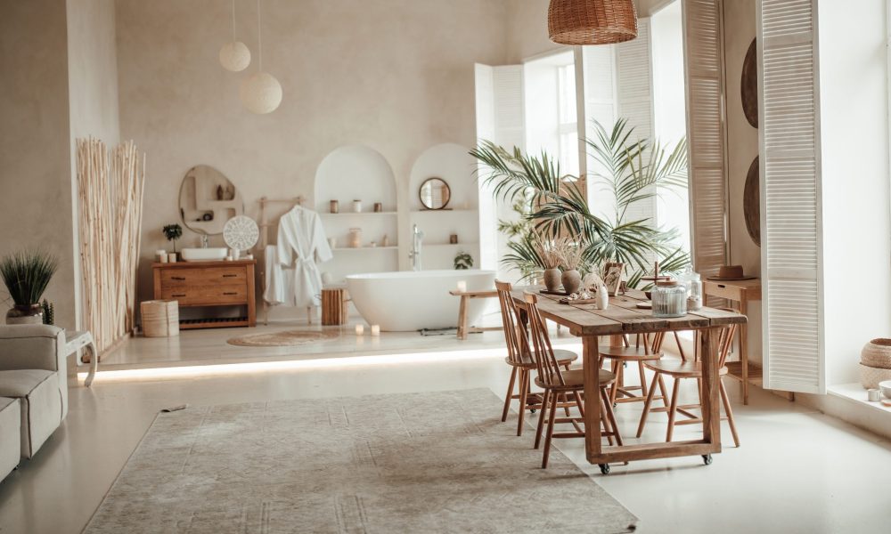 Soft native hues organic shapes look of bathroom with big window oval bathtub in neutrals tones. Green palm plants candles bubblebath leasure and relaxation skin selfcare wellness luxury living