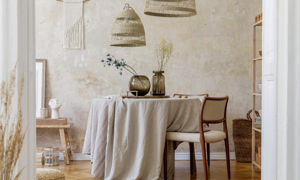 Stylish and elegant dining room interior with diner table, design chairs, rattan pendant lamps, dried flowers in vases, furniture, decoration and elegant personal accessories in cozy home decor.